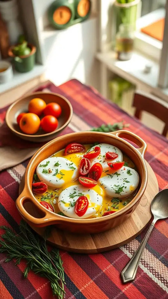 A dish of Mediterranean baked cottage cheese eggs with sun-dried tomatoes, garnished with parsley.