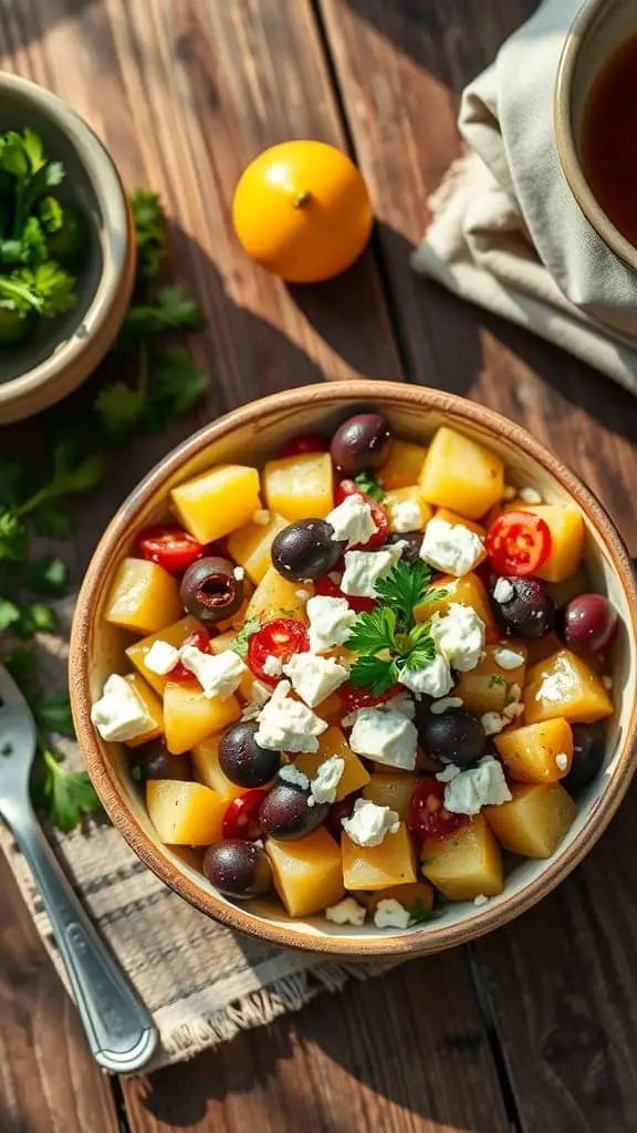 Mediterranean cold potato salad with olives, feta cheese, and cherry tomatoes