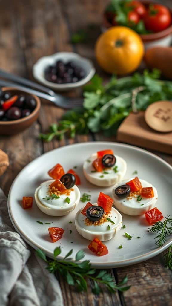 Mediterranean egg white bites garnished with sun-dried tomatoes and olives