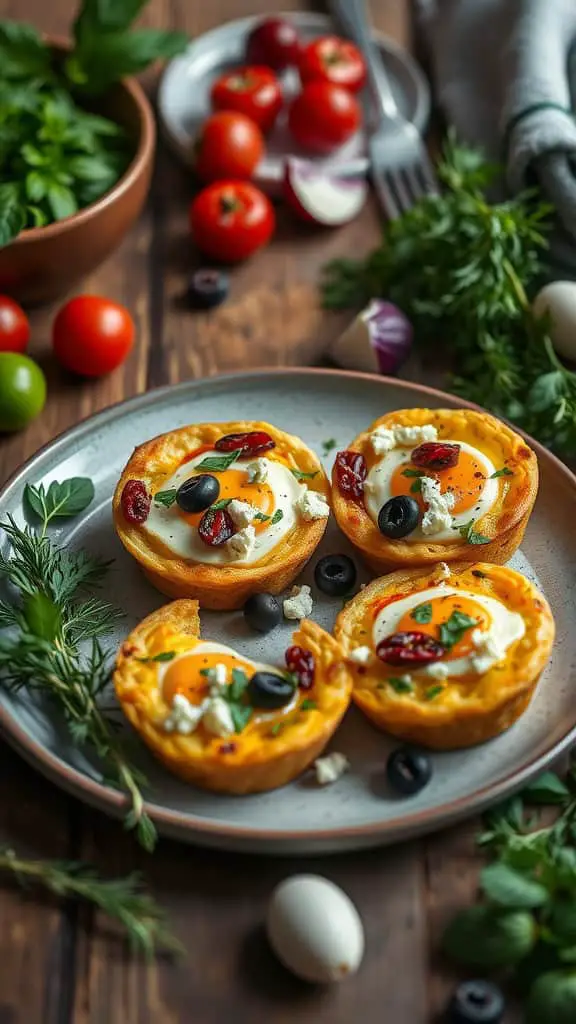 Mediterranean Keto Egg Muffins with eggs, olives, and tomatoes on a plate