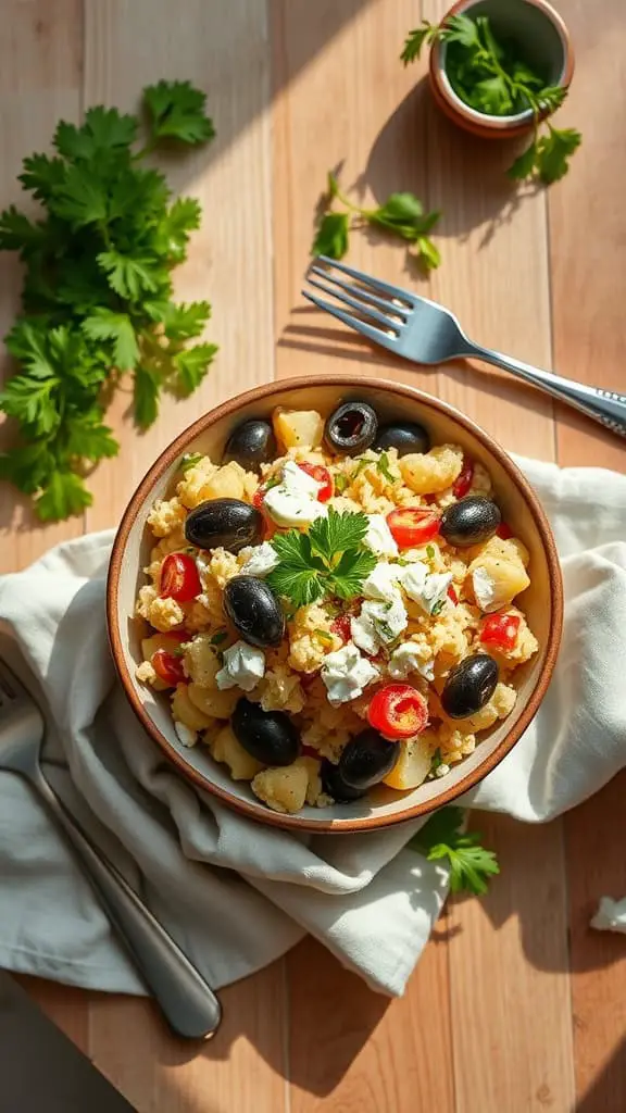 A bowl of Mediterranean Keto Potato Salad made with cauliflower, olives, and feta cheese.