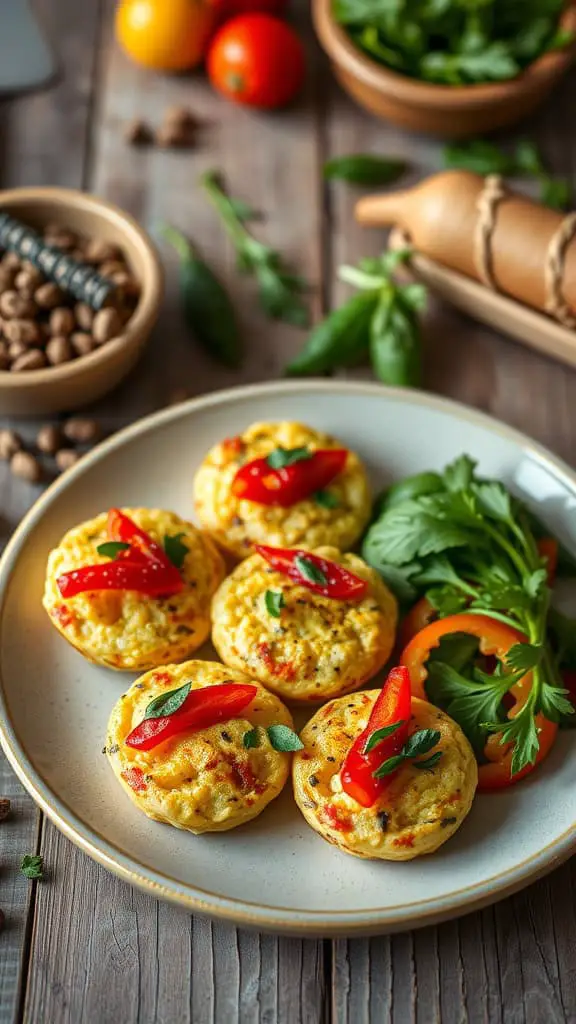 A plate of Mediterranean quinoa egg white bites garnished with roasted red peppers and fresh herbs.