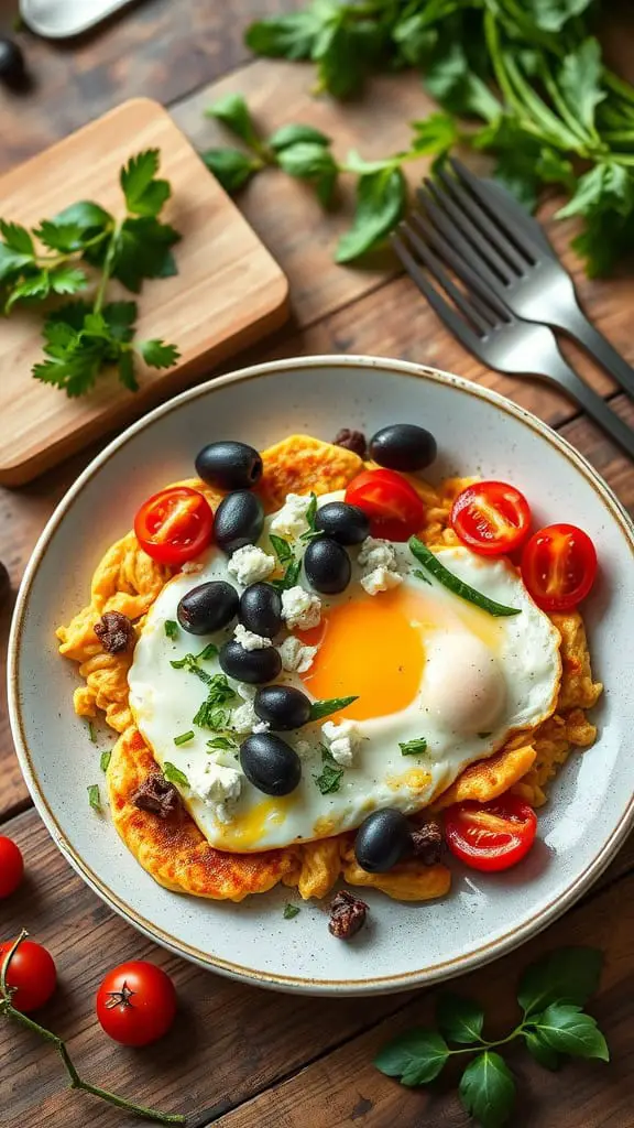 A plate of Mediterranean scrambled eggs with olives, feta, and cherry tomatoes
