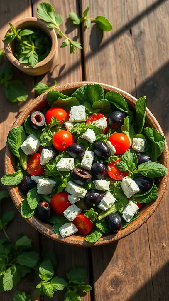 Mediterranean Spring Salad featuring spring mix, Kalamata olives, and feta cheese.