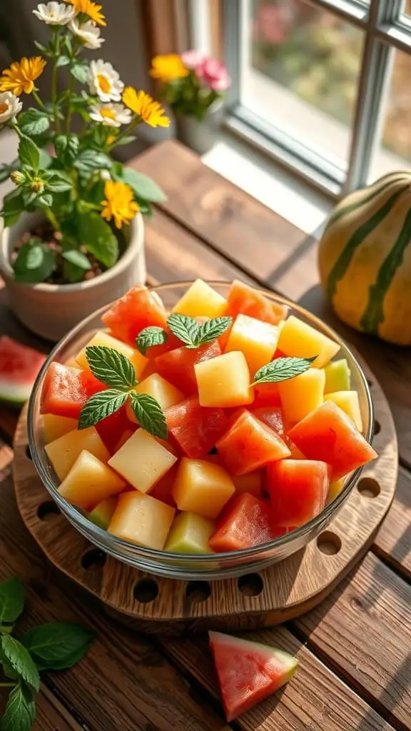 A refreshing fruit salad made with cantaloupe, honeydew, and watermelon, garnished with mint leaves.