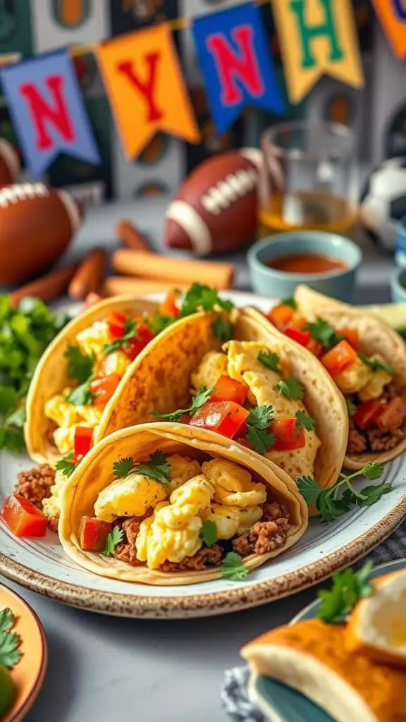 Mexican breakfast tacos with scrambled eggs, chorizo, and salsa, garnished with tomatoes and cilantro.