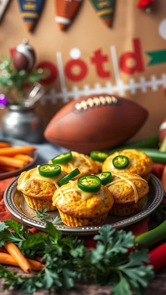 Delicious Mexican cornbread muffins topped with jalapeños and cheese, served on a platter.