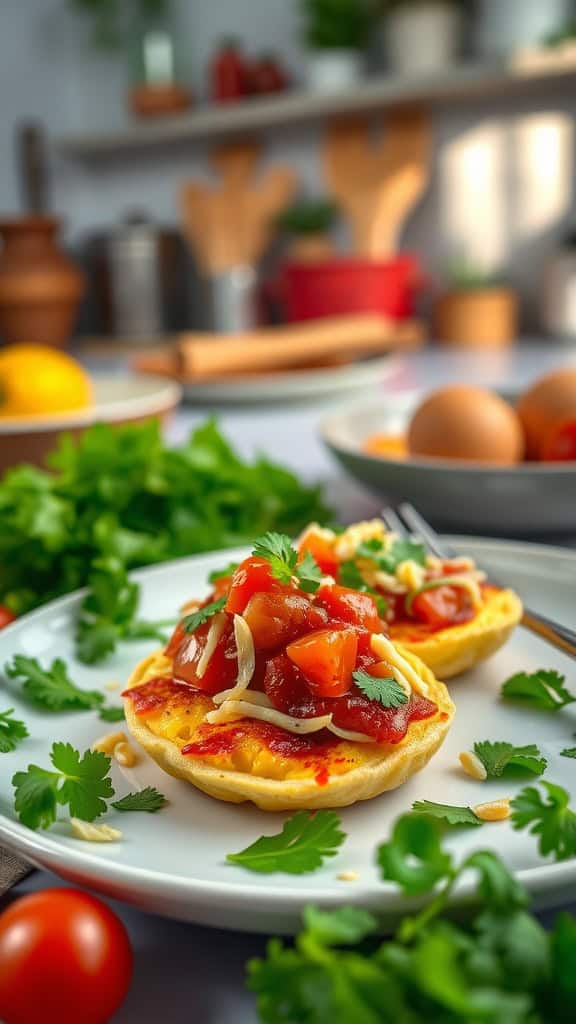 Delicious Mexican Egg White Bites topped with salsa and cheese garnished with cilantro.