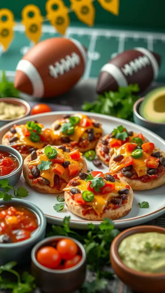 Mexican Pizza Bites with toppings and garnishes on a plate