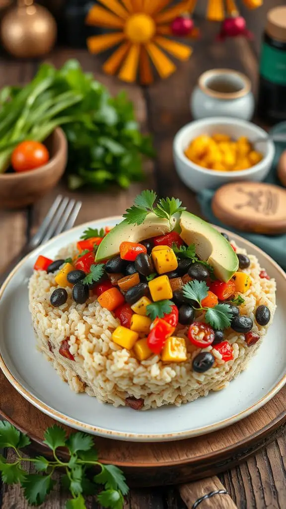 A colorful Mexican rice bowl topped with grilled vegetables and fresh ingredients.