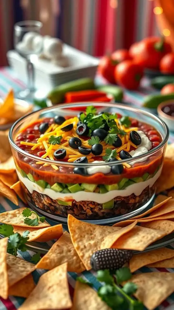 A colorful seven-layer dip with beans, guacamole, sour cream, and toppings served with tortilla chips