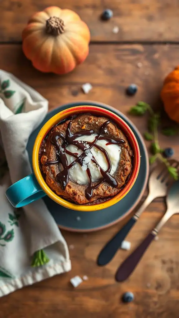 A mug of warm, chocolate cottage cheese brownie drizzled with chocolate sauce.