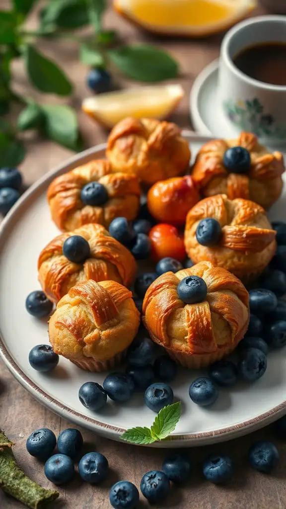 Mini blueberry croissant breakfast bake muffins arranged on a plate with blueberries.