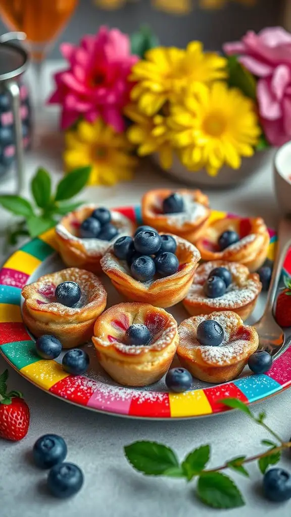 Mini Blueberry French Toast Bake Cups served on a colorful plate.