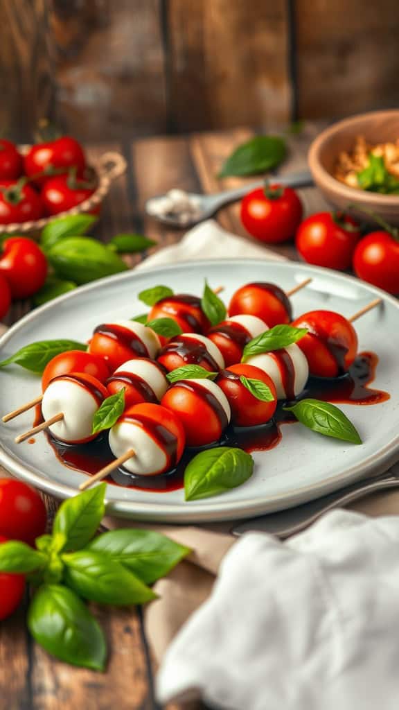 Mini Caprese skewers with cherry tomatoes, mozzarella, and basil drizzled with balsamic glaze.