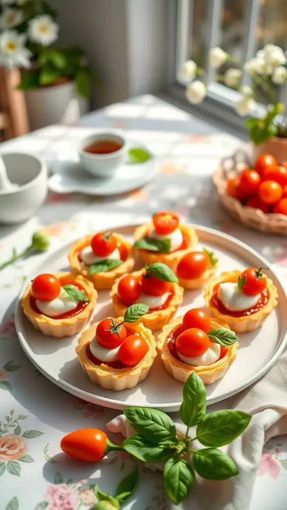 Mini Caprese tarts made with puff pastry, mozzarella, and cherry tomatoes on a plate.