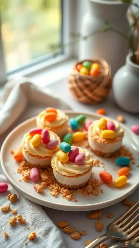 Mini cheesecake bites topped with colorful jelly beans on a plate