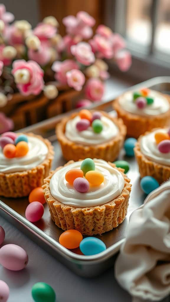 Mini cheesecakes with graham cracker crust and colorful jelly beans on top