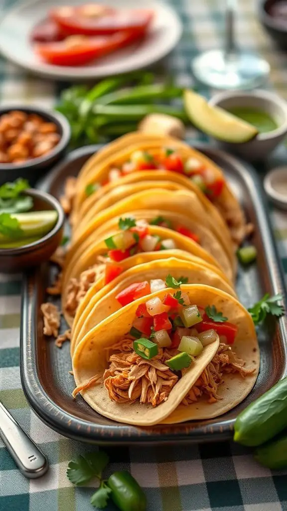 Mini chicken tacos with shredded chicken and fresh toppings