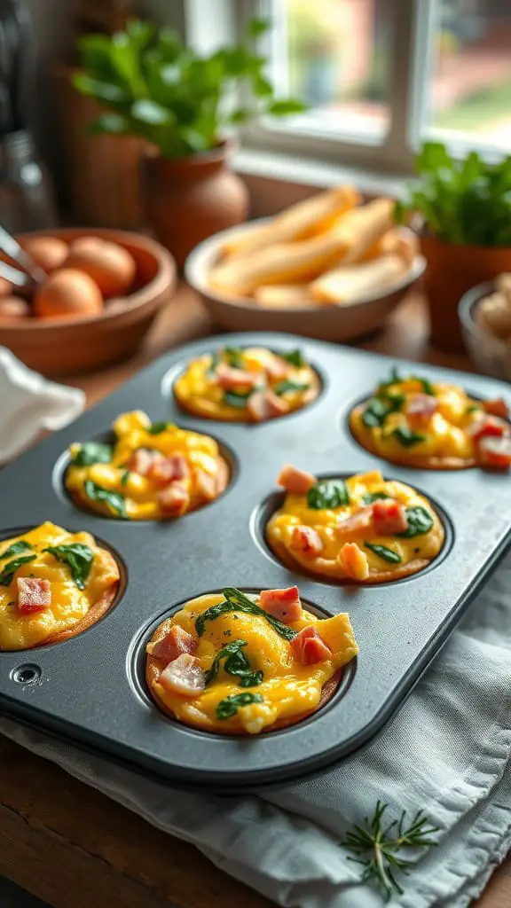 Mini egg and ham cups baked in a muffin tin with spinach and cheese