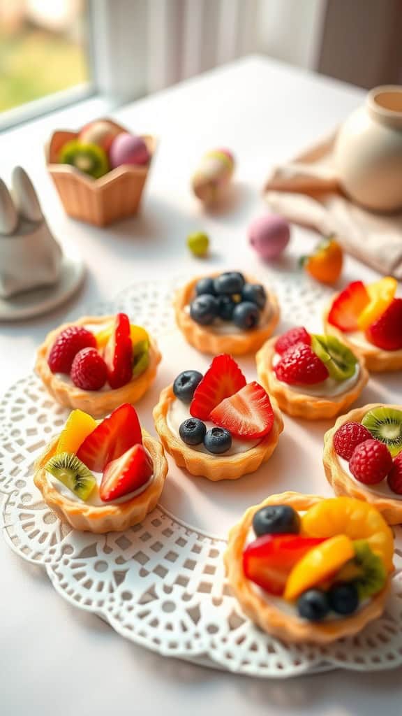 Delicious mini fruit tarts with assorted fresh fruits arranged on a decorative plate.