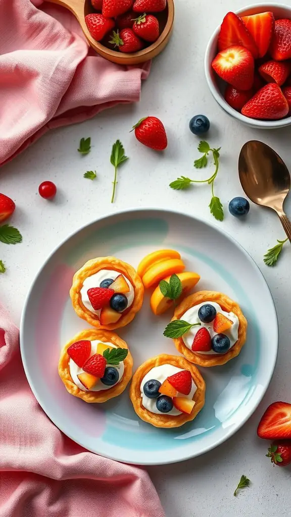 Mini fruit tarts made with wonton wrappers, yogurt, and topped with fresh fruit.