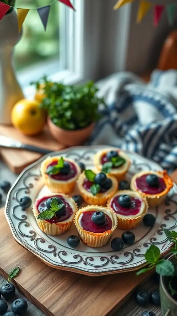 Mini no bake blueberry cheesecake cups on a decorative plate