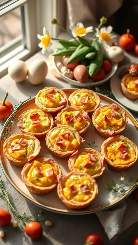 Mini quiches on a plate with ham and cheese, perfect for Easter appetizers.