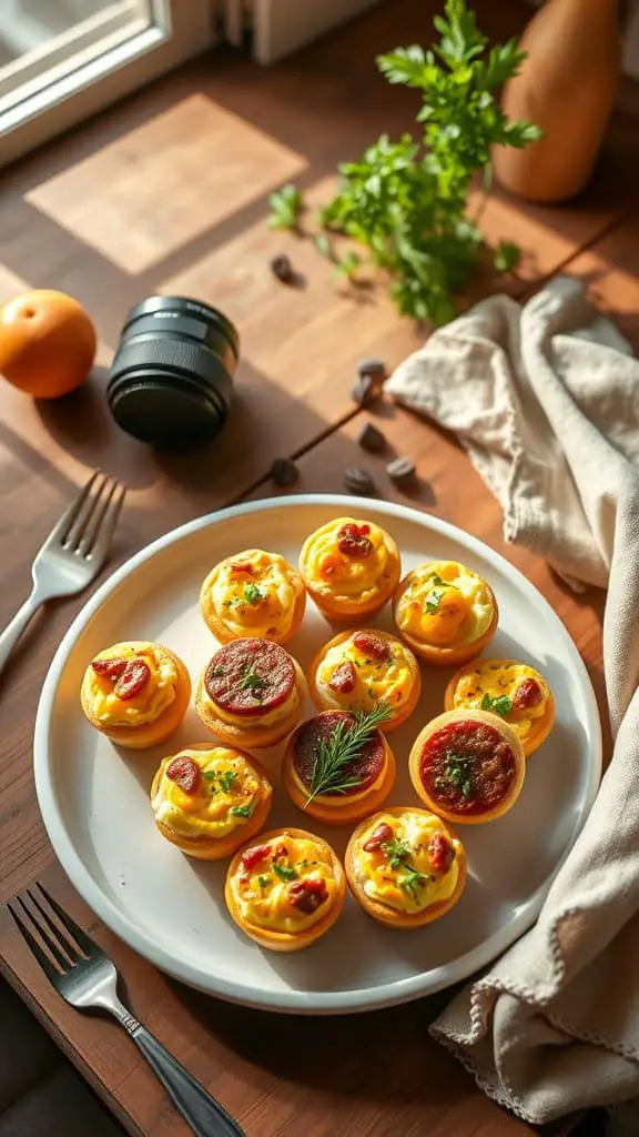 Mini muffins filled with sausage, eggs, and cheese on a white plate.