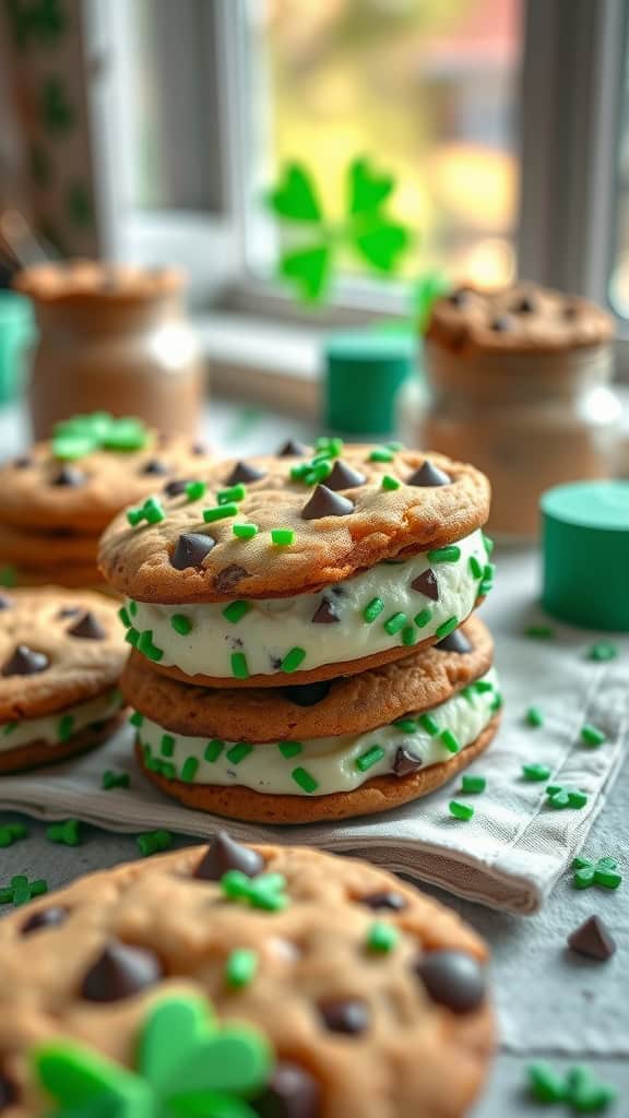 Mint chocolate chip ice cream sandwiches with chocolate chip cookies and green sprinkles