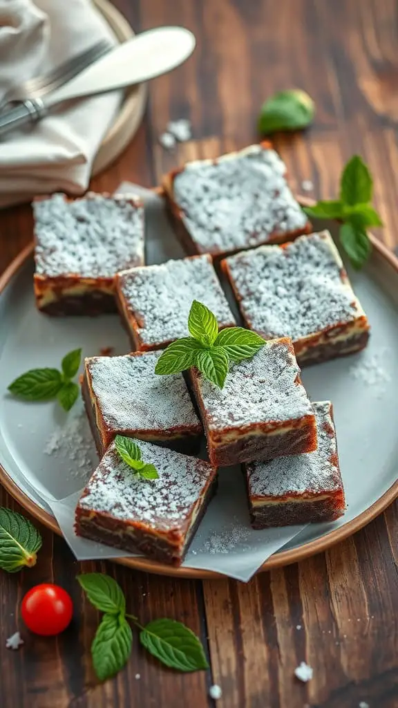 Delicious minty cream cheese brownies on a plate.