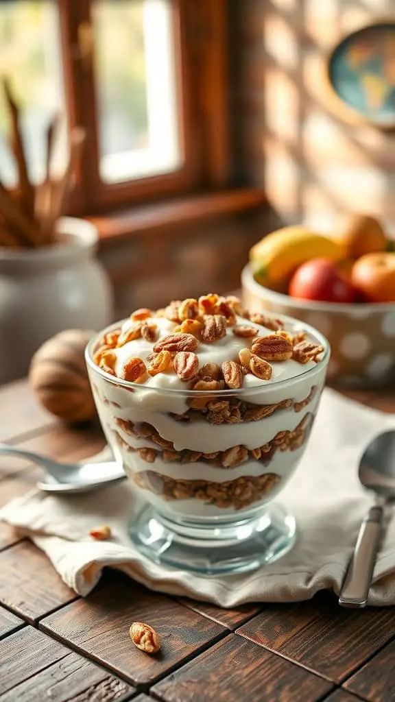 A delicious mixed nut parfait with layers of yogurt, granola, and mixed nuts.