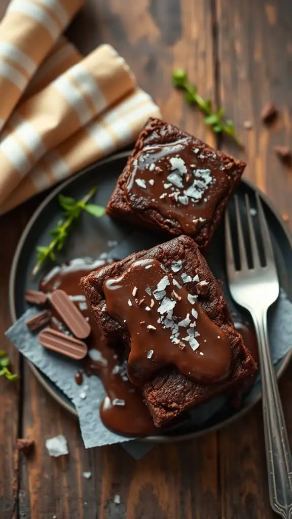 Delicious molten cottage cheese brownies topped with chocolate sauce and sea salt.