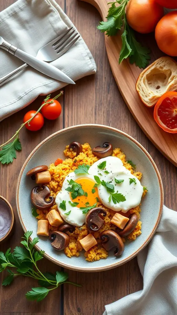 Mushroom scrambled eggs with cottage cheese served in a bowl with fresh herbs.