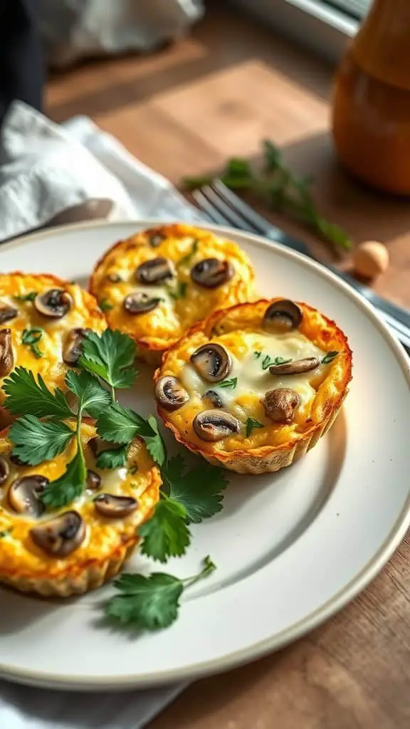 Plate of mushroom Swiss breakfast egg muffins garnished with parsley