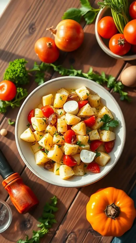 A bowl of potato salad with mustard, boiled eggs, and colorful vegetables.