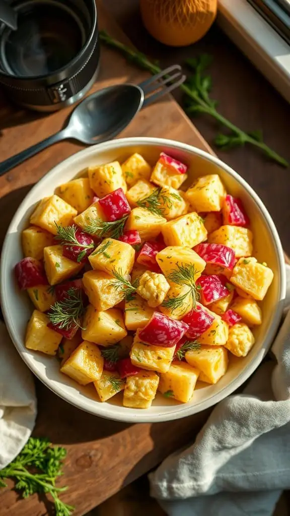 A bowl of mustard dill keto potato salad made with cauliflower, mustard, and fresh dill.