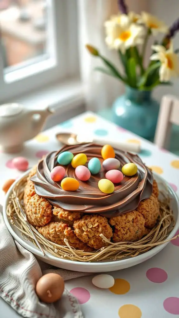 Nest Cookie Cake made with oatmeal cookie base, chocolate frosting, and topped with candy eggs.