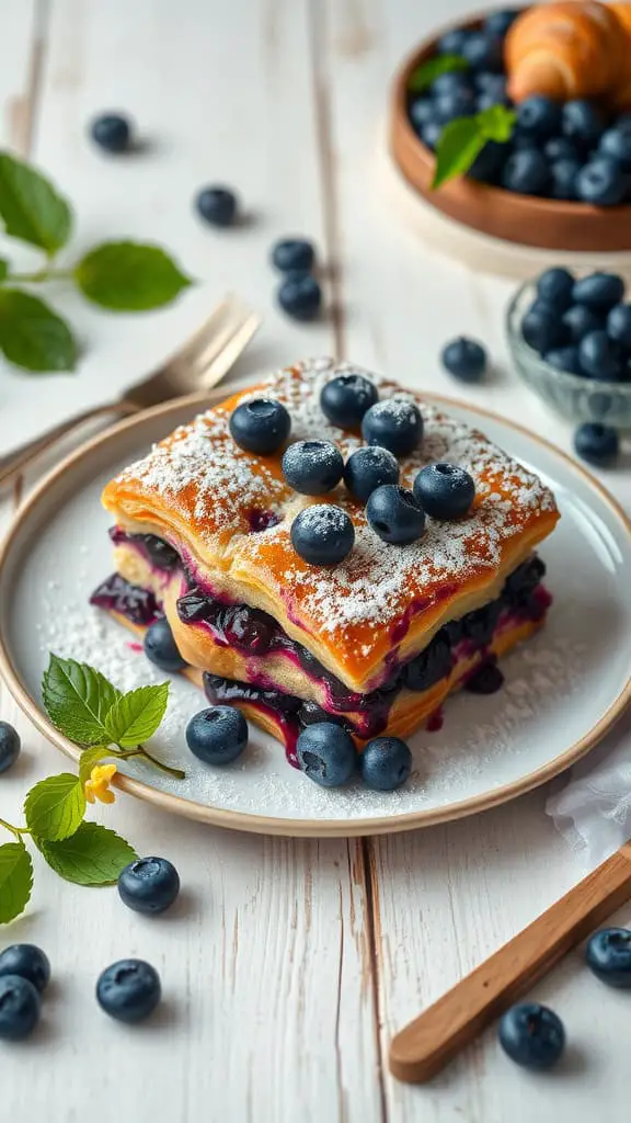 A delicious blueberry croissant breakfast bake topped with fresh blueberries and powdered sugar.