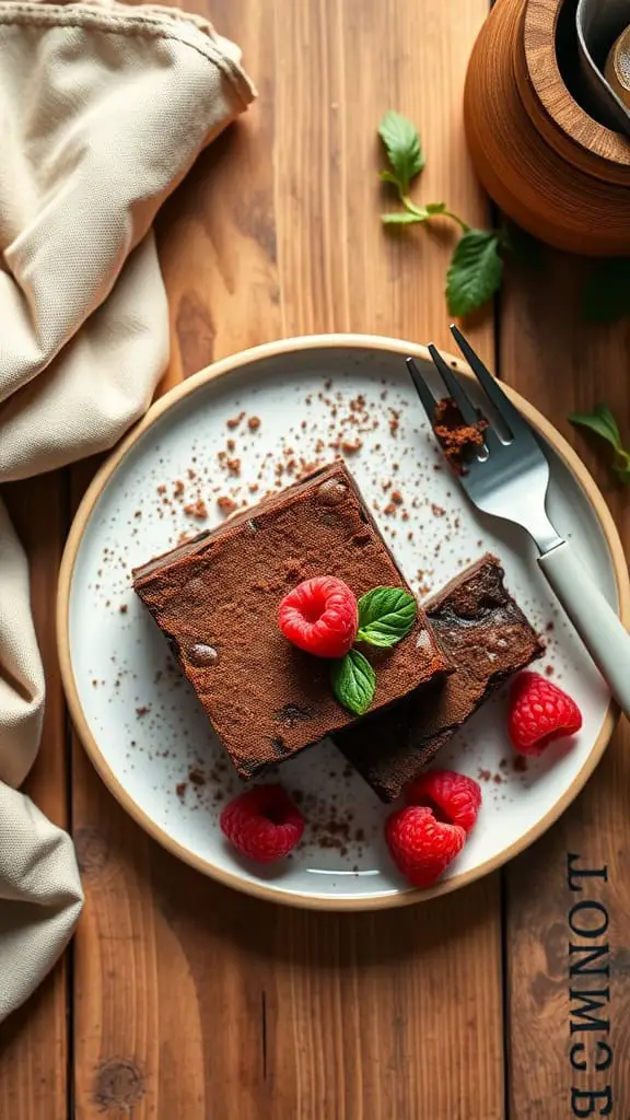 Plate of no-bake cottage cheese brownies garnished with raspberries and mint.