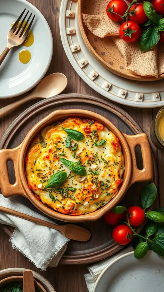 A baked cottage cheese dish with herbs and garlic, served in a ceramic dish.