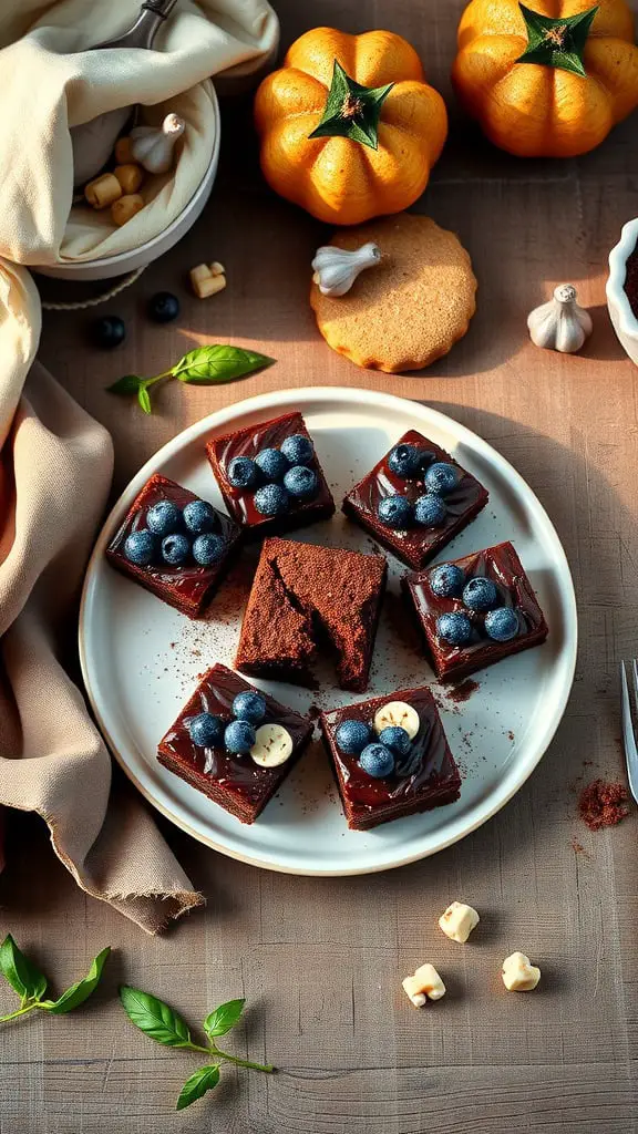 A plate of no-sugar cottage cheese brownies topped with blueberries