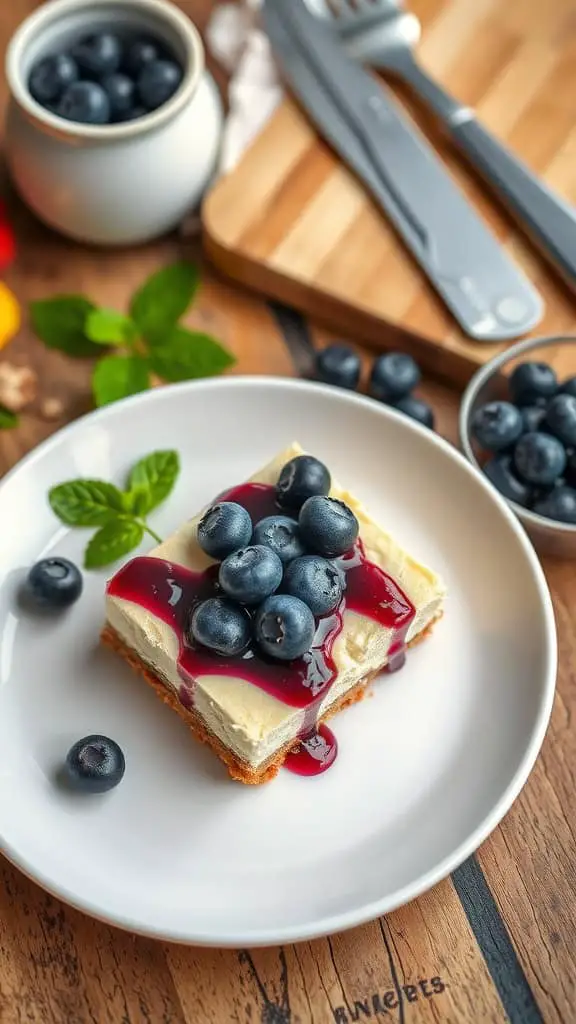 No Bake Blueberry Cheesecake Bars with blueberries and blueberry topping