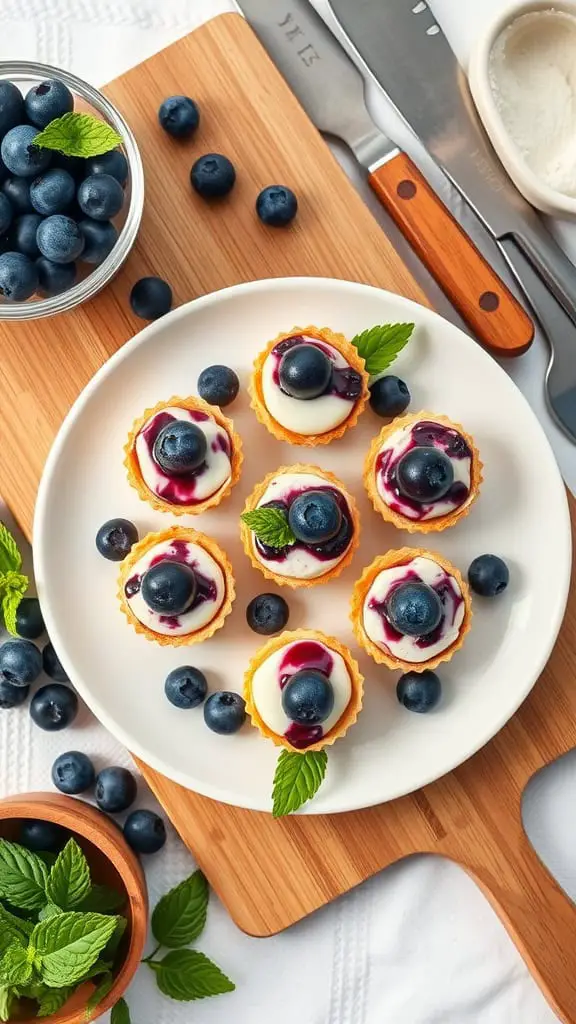 No bake blueberry cheesecake bites on a plate with fresh blueberries and mint garnish.