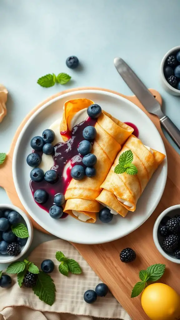 No Bake Blueberry Cheesecake Crepes with blueberry topping