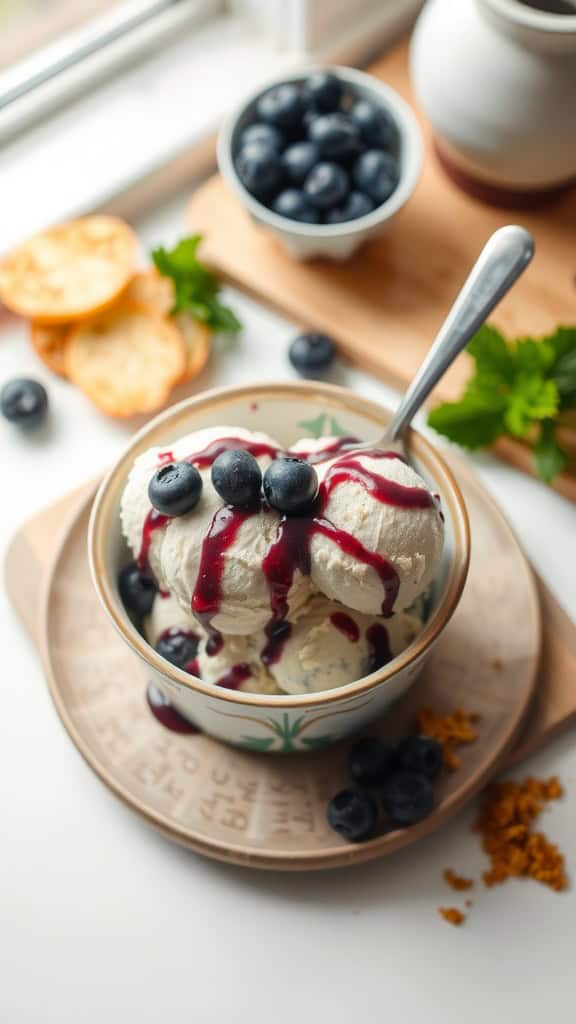 No Bake Blueberry Cheesecake Ice Cream in a bowl with blueberries on top