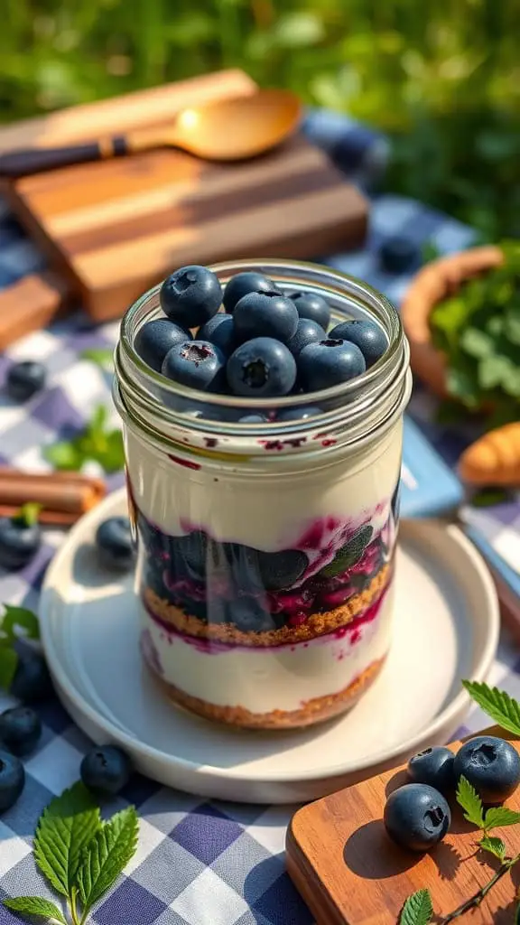 A jar filled with layers of blueberry cheesecake, blueberries, and graham cracker crust, perfect for picnics.