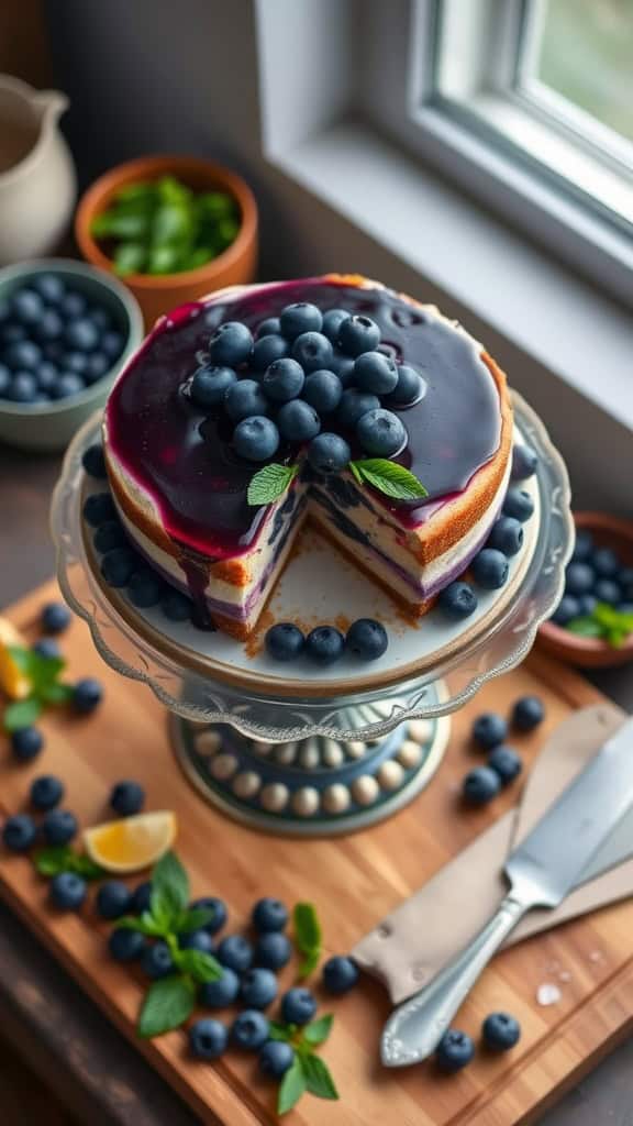 No Bake Blueberry Cheesecake Layer Cake with fresh blueberries and mint garnish