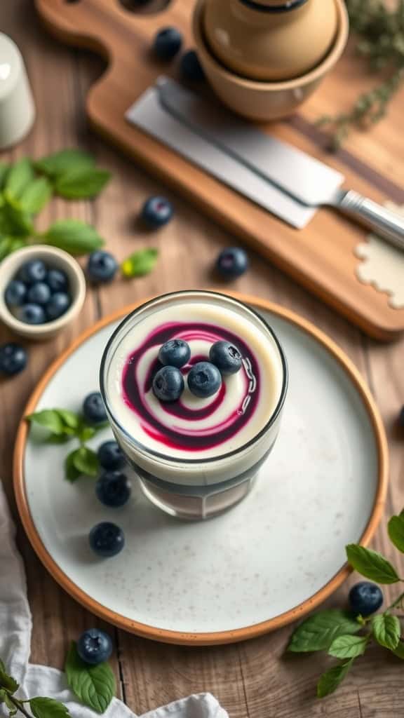 A glass of No Bake Blueberry Cheesecake Mousse topped with blueberries and a blueberry swirl