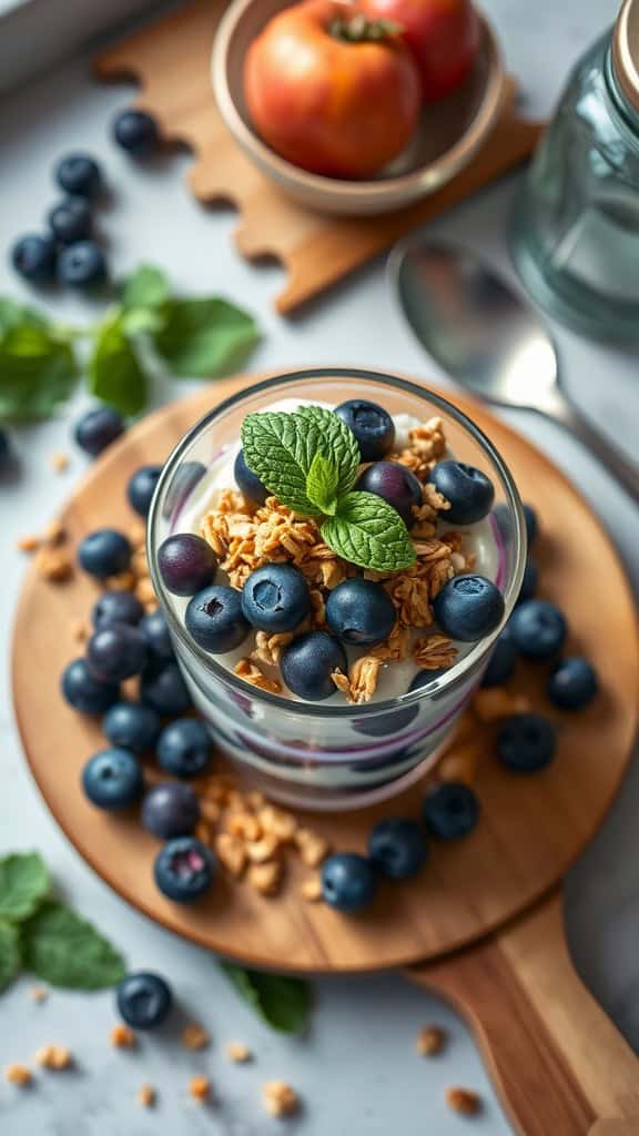 No Bake Blueberry Cheesecake Parfaits layered with granola and fresh blueberries